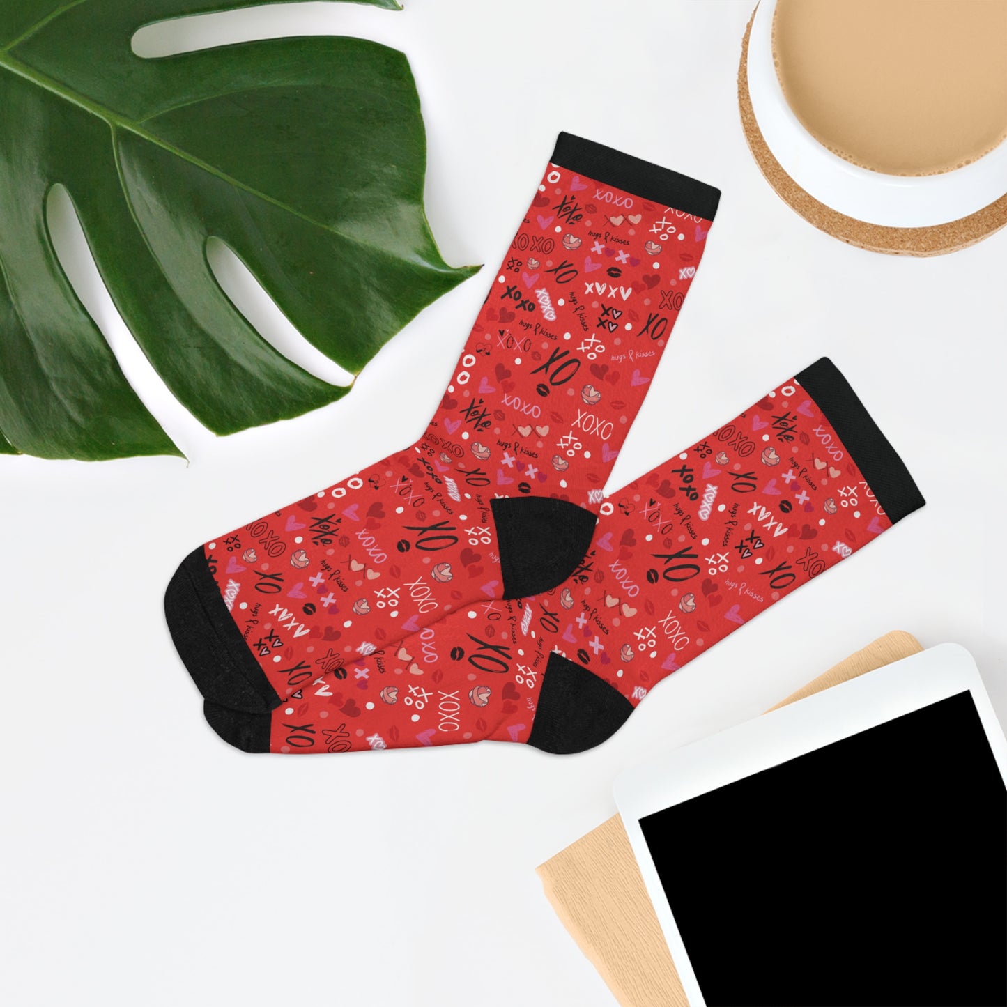 Socks - xoxo Hugs and Kisses Red, Pink, Black Cute Hearts Recycled Material Valentines