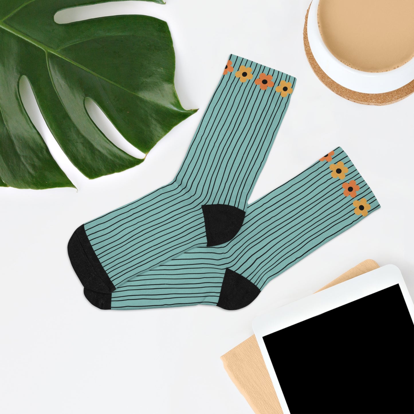 Flowers and Stripes Socks AquaGreen - Colorful Made from Recycled Material  🌿🌿