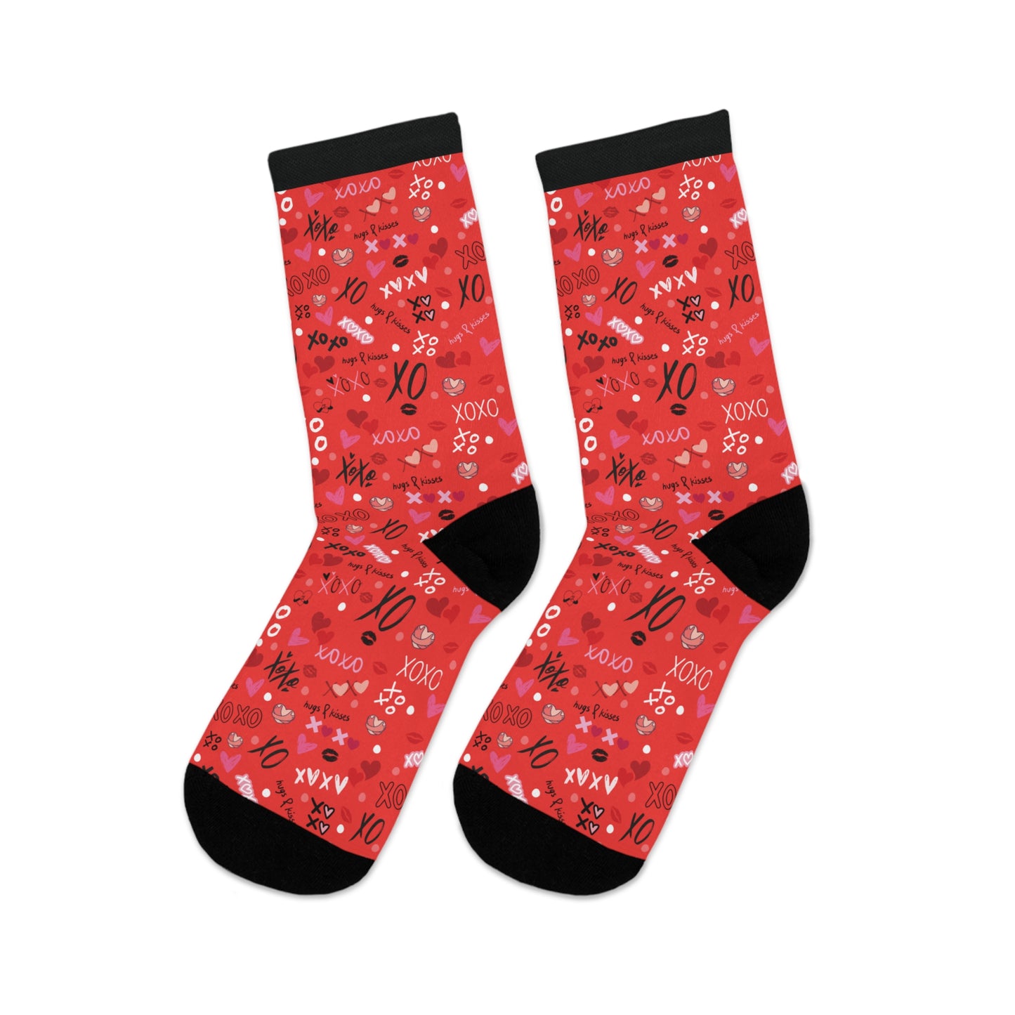 Socks - xoxo Hugs and Kisses Red, Pink, Black Cute Hearts Recycled Material Valentines