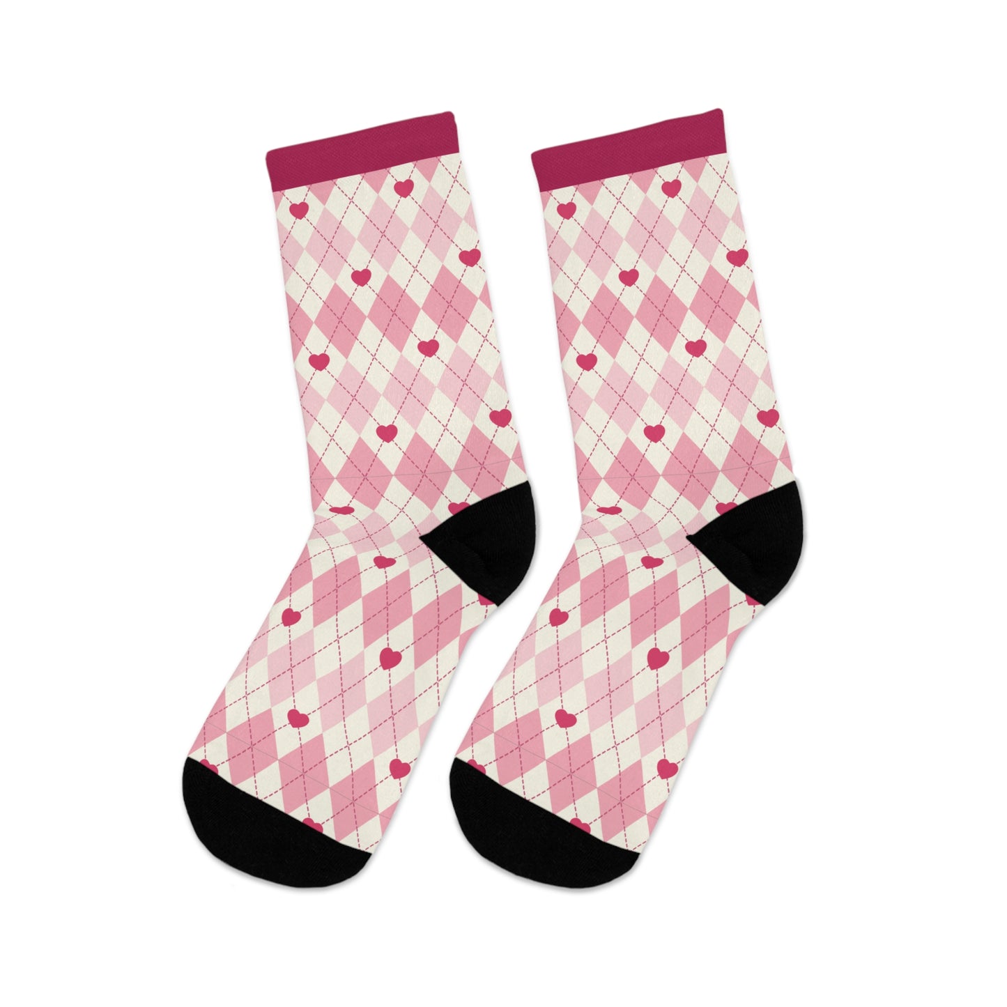 Socks - Pink Plaid with Red Hearts - Recycled Materials - Valentines Gift   🌿🌿