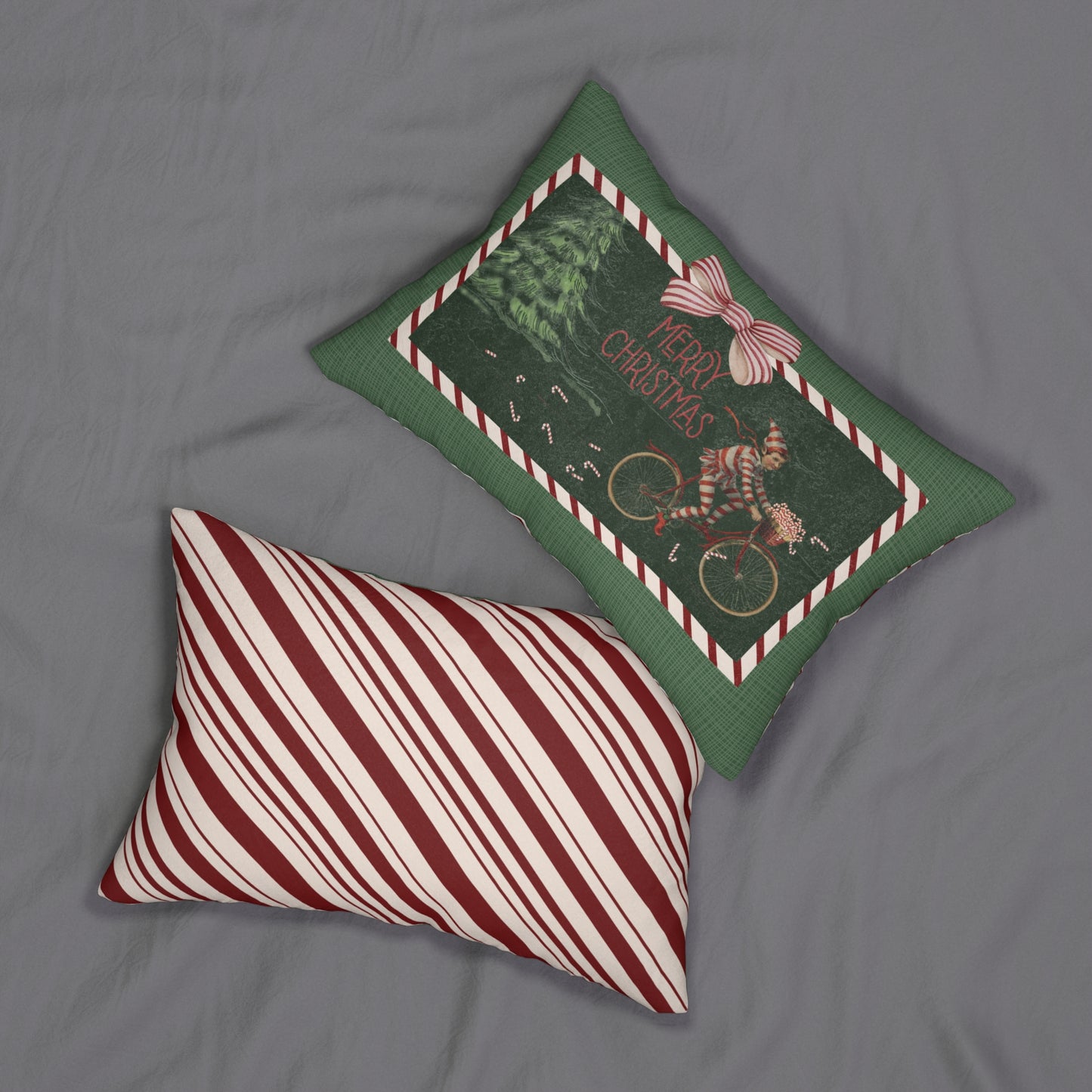 Victorian Elf on a Bicycle Spilling Red Striped Candy Canes - Low Pillow  🌿