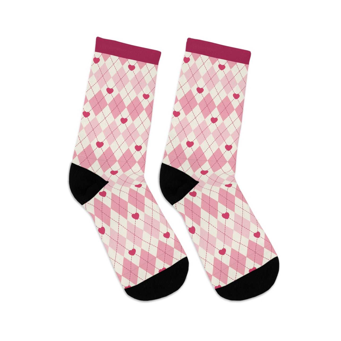 Socks - Pink Plaid with Red Hearts - Recycled Materials - Valentines Gift   🌿🌿