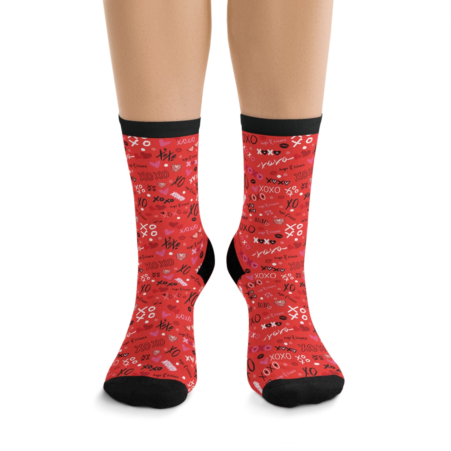 Socks - xoxo Hugs and Kisses Red, Pink, Black Cute Hearts Recycled Material Valentines