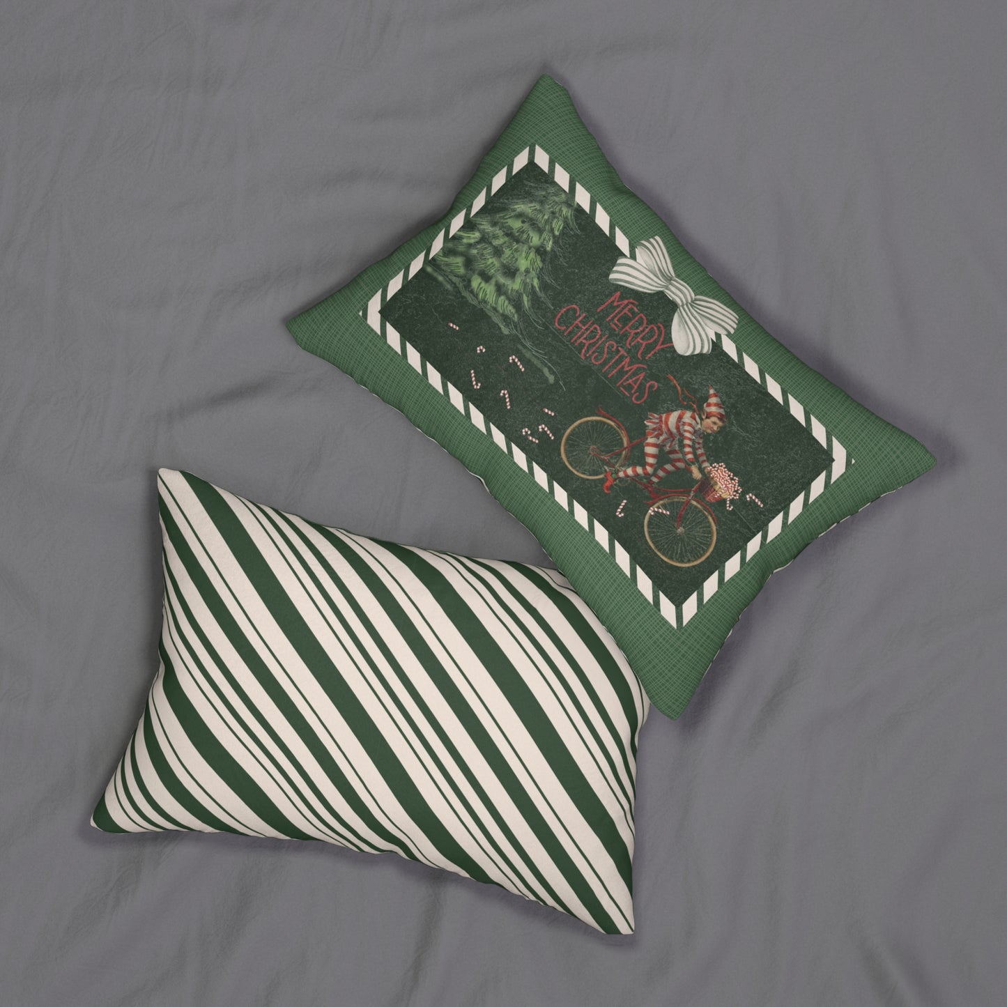 Victorian Elf on a Bicycle Spilling Green Striped Candy Canes - Low Pillow  🌿