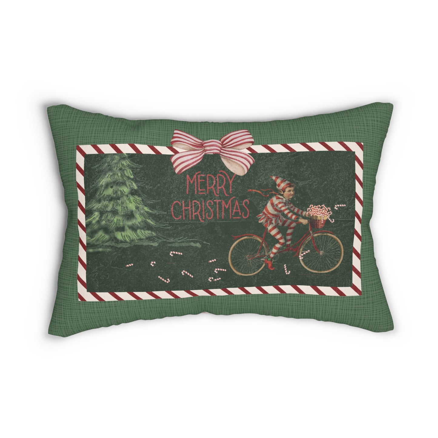 Victorian Elf on a Bicycle Spilling Red Striped Candy Canes - Low Pillow  🌿