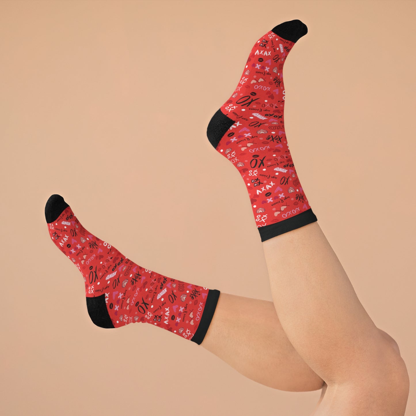 Socks - xoxo Hugs and Kisses Red, Pink, Black Cute Hearts Recycled Material Valentines