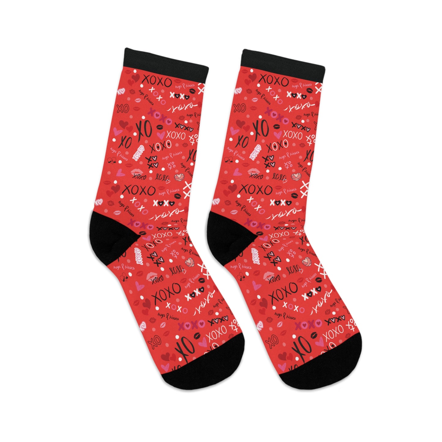 Socks - xoxo Hugs and Kisses Red, Pink, Black Cute Hearts Recycled Material Valentines